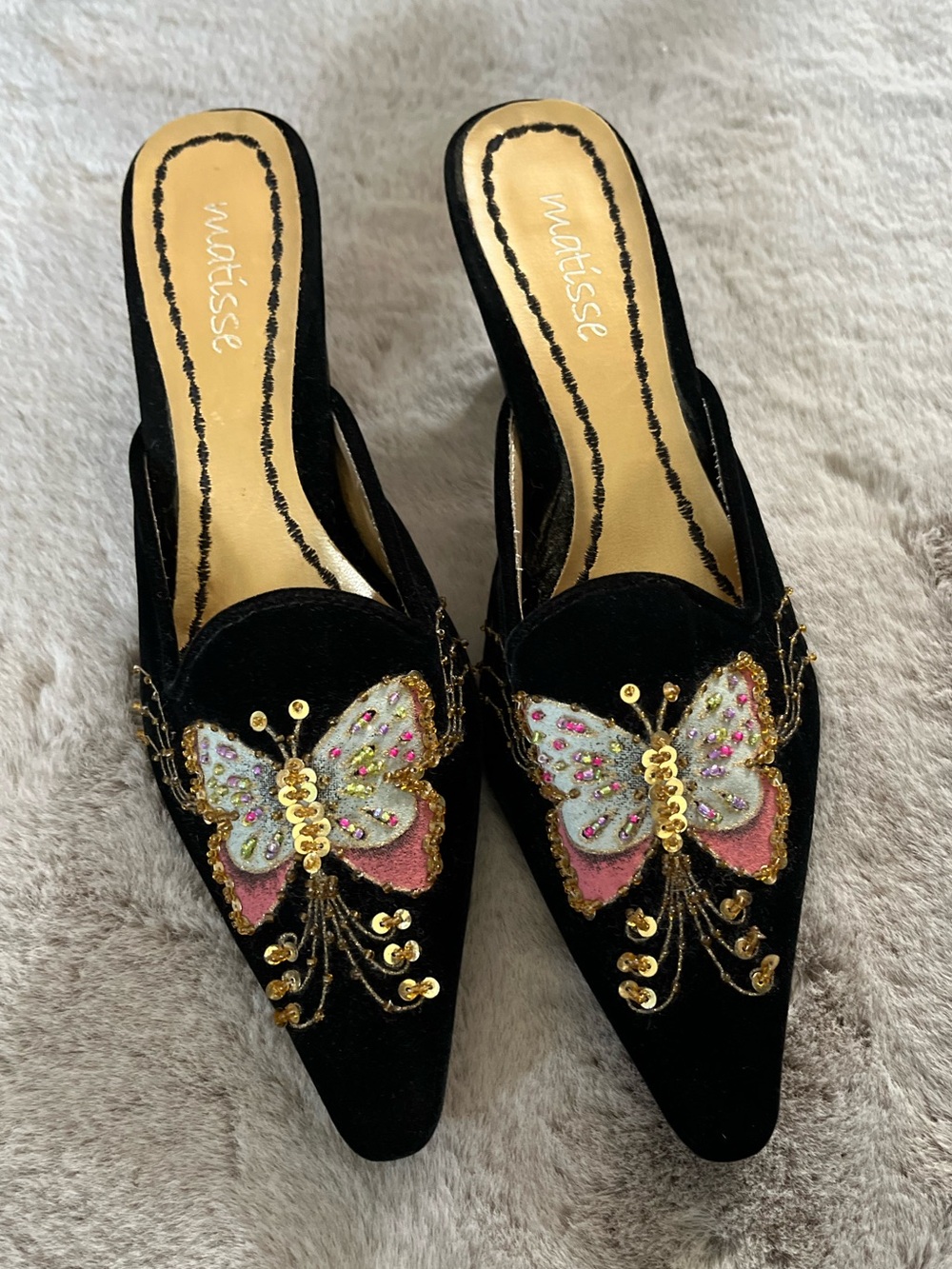 Matisse Beaded Butterfly Velvet Pointed Toe Slip On Heels Embellished Tula Black